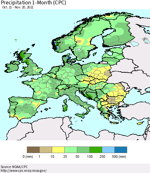Europe Precipitation 1-Month (CPC) Thematic Map For 10/21/2021 - 11/20/2021