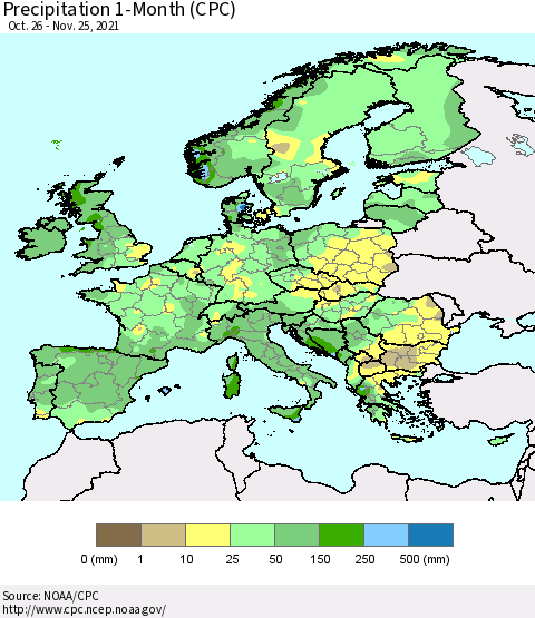 Europe Precipitation 1-Month (CPC) Thematic Map For 10/26/2021 - 11/25/2021