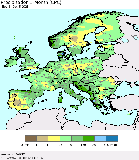 Europe Precipitation 1-Month (CPC) Thematic Map For 11/6/2021 - 12/5/2021