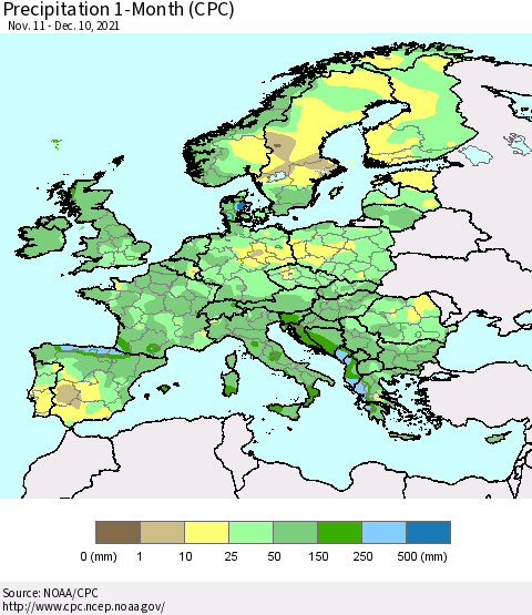 Europe Precipitation 1-Month (CPC) Thematic Map For 11/11/2021 - 12/10/2021
