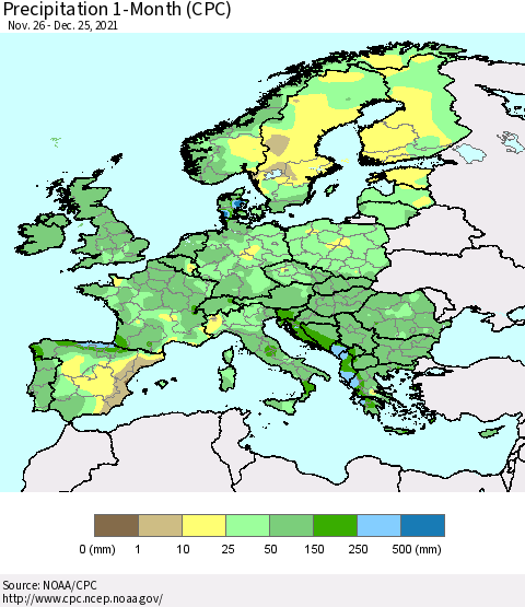 Europe Precipitation 1-Month (CPC) Thematic Map For 11/26/2021 - 12/25/2021
