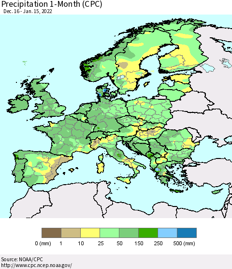 Europe Precipitation 1-Month (CPC) Thematic Map For 12/16/2021 - 1/15/2022