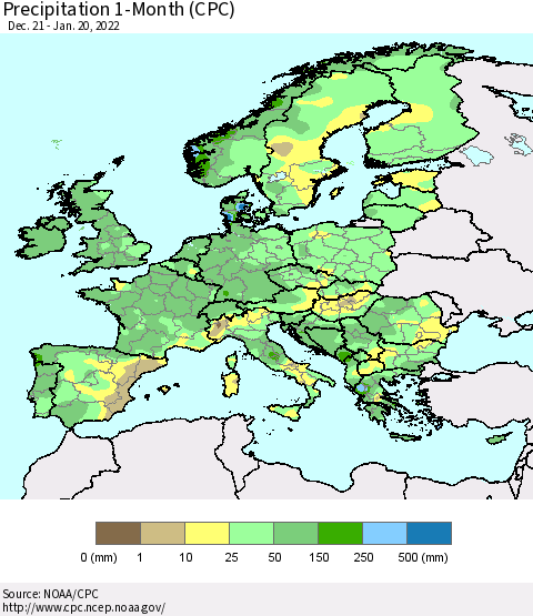 Europe Precipitation 1-Month (CPC) Thematic Map For 12/21/2021 - 1/20/2022