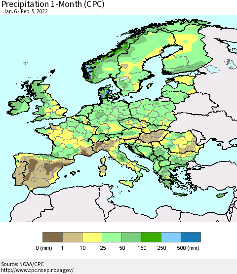 Europe Precipitation 1-Month (CPC) Thematic Map For 1/6/2022 - 2/5/2022