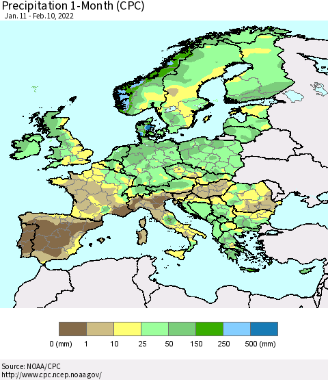 Europe Precipitation 1-Month (CPC) Thematic Map For 1/11/2022 - 2/10/2022