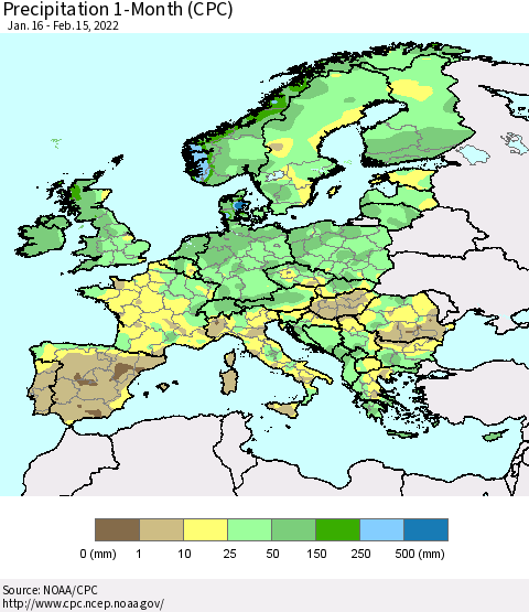 Europe Precipitation 1-Month (CPC) Thematic Map For 1/16/2022 - 2/15/2022