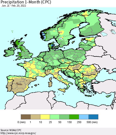 Europe Precipitation 1-Month (CPC) Thematic Map For 1/21/2022 - 2/20/2022
