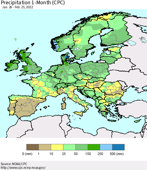 Europe Precipitation 1-Month (CPC) Thematic Map For 1/26/2022 - 2/25/2022
