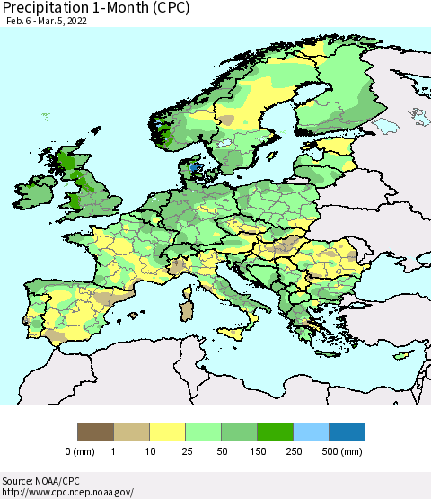 Europe Precipitation 1-Month (CPC) Thematic Map For 2/6/2022 - 3/5/2022