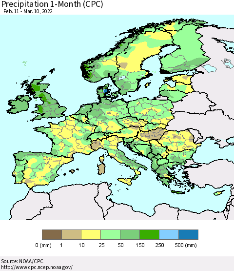 Europe Precipitation 1-Month (CPC) Thematic Map For 2/11/2022 - 3/10/2022
