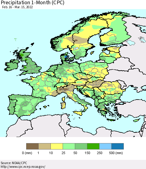 Europe Precipitation 1-Month (CPC) Thematic Map For 2/16/2022 - 3/15/2022