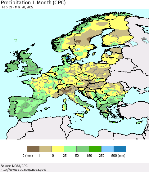 Europe Precipitation 1-Month (CPC) Thematic Map For 2/21/2022 - 3/20/2022