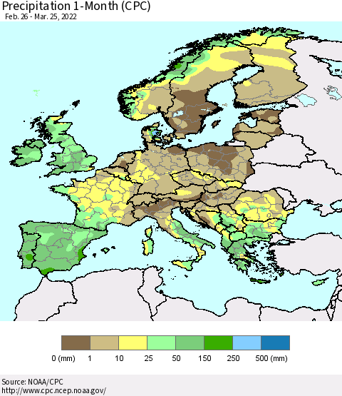 Europe Precipitation 1-Month (CPC) Thematic Map For 2/26/2022 - 3/25/2022