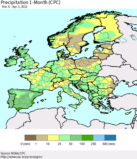 Europe Precipitation 1-Month (CPC) Thematic Map For 3/6/2022 - 4/5/2022
