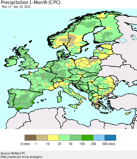 Europe Precipitation 1-Month (CPC) Thematic Map For 3/11/2022 - 4/10/2022