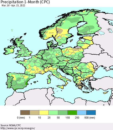 Europe Precipitation 1-Month (CPC) Thematic Map For 3/16/2022 - 4/15/2022