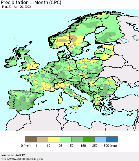 Europe Precipitation 1-Month (CPC) Thematic Map For 3/21/2022 - 4/20/2022