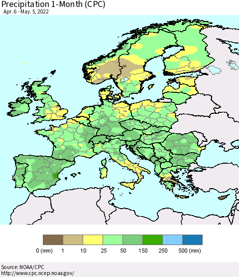 Europe Precipitation 1-Month (CPC) Thematic Map For 4/6/2022 - 5/5/2022