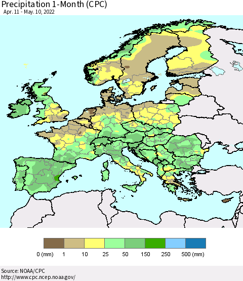 Europe Precipitation 1-Month (CPC) Thematic Map For 4/11/2022 - 5/10/2022