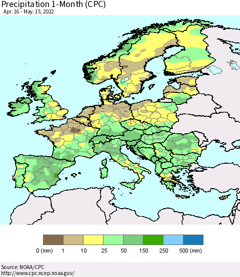 Europe Precipitation 1-Month (CPC) Thematic Map For 4/16/2022 - 5/15/2022