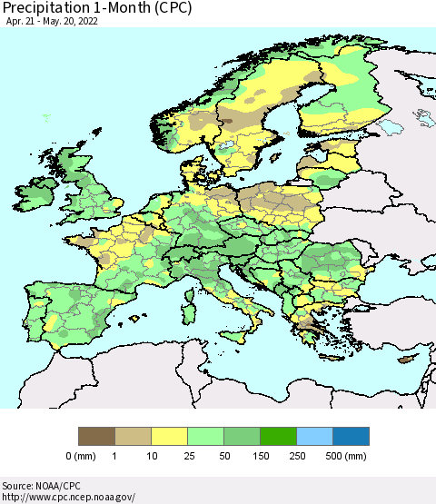 Europe Precipitation 1-Month (CPC) Thematic Map For 4/21/2022 - 5/20/2022