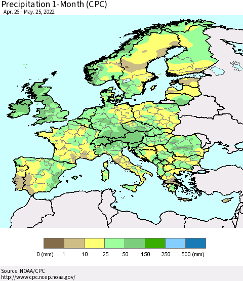 Europe Precipitation 1-Month (CPC) Thematic Map For 4/26/2022 - 5/25/2022