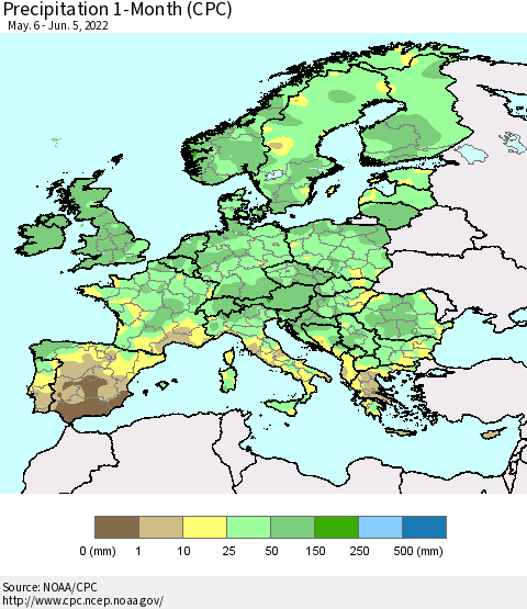 Europe Precipitation 1-Month (CPC) Thematic Map For 5/6/2022 - 6/5/2022