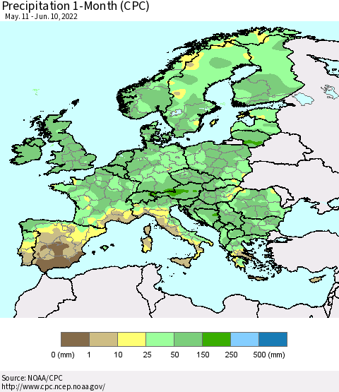 Europe Precipitation 1-Month (CPC) Thematic Map For 5/11/2022 - 6/10/2022