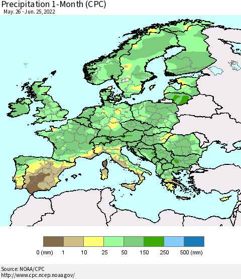 Europe Precipitation 1-Month (CPC) Thematic Map For 5/26/2022 - 6/25/2022