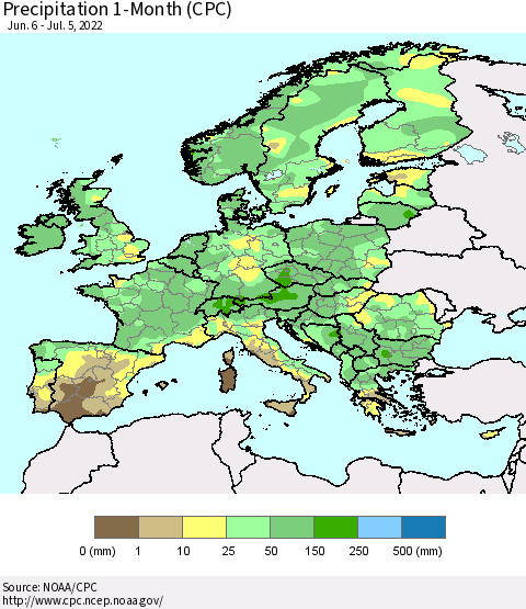 Europe Precipitation 1-Month (CPC) Thematic Map For 6/6/2022 - 7/5/2022