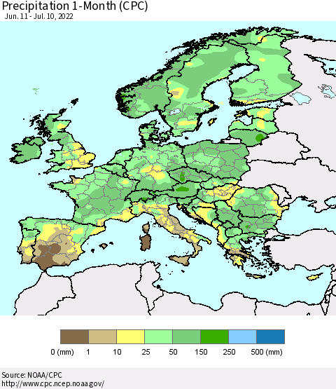 Europe Precipitation 1-Month (CPC) Thematic Map For 6/11/2022 - 7/10/2022
