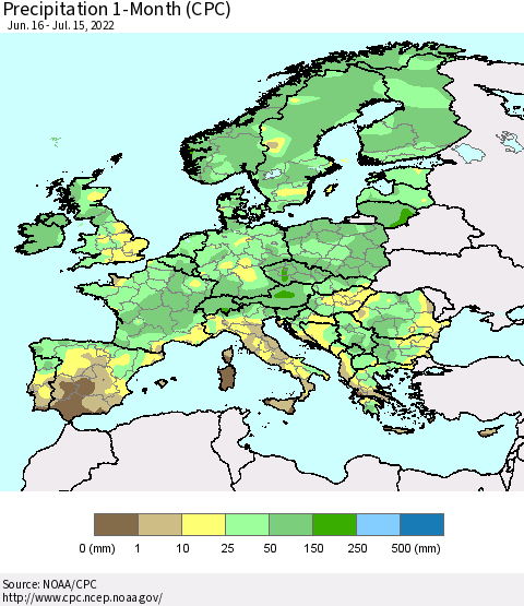 Europe Precipitation 1-Month (CPC) Thematic Map For 6/16/2022 - 7/15/2022