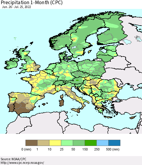 Europe Precipitation 1-Month (CPC) Thematic Map For 6/26/2022 - 7/25/2022