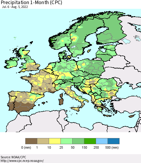 Europe Precipitation 1-Month (CPC) Thematic Map For 7/6/2022 - 8/5/2022