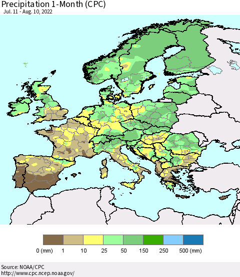 Europe Precipitation 1-Month (CPC) Thematic Map For 7/11/2022 - 8/10/2022