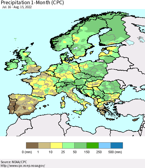 Europe Precipitation 1-Month (CPC) Thematic Map For 7/16/2022 - 8/15/2022