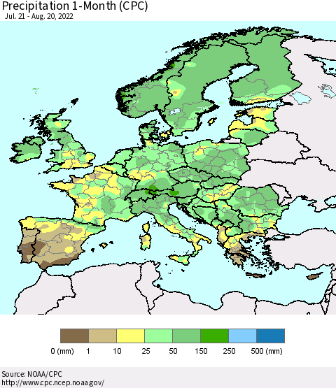 Europe Precipitation 1-Month (CPC) Thematic Map For 7/21/2022 - 8/20/2022