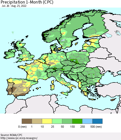 Europe Precipitation 1-Month (CPC) Thematic Map For 7/26/2022 - 8/25/2022