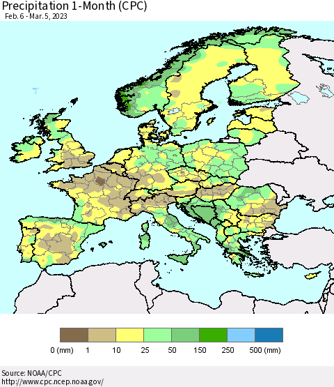 Europe Precipitation 1-Month (CPC) Thematic Map For 2/6/2023 - 3/5/2023