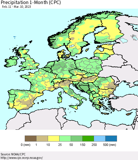 Europe Precipitation 1-Month (CPC) Thematic Map For 2/11/2023 - 3/10/2023
