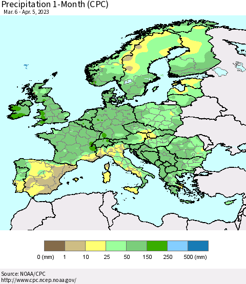 Europe Precipitation 1-Month (CPC) Thematic Map For 3/6/2023 - 4/5/2023