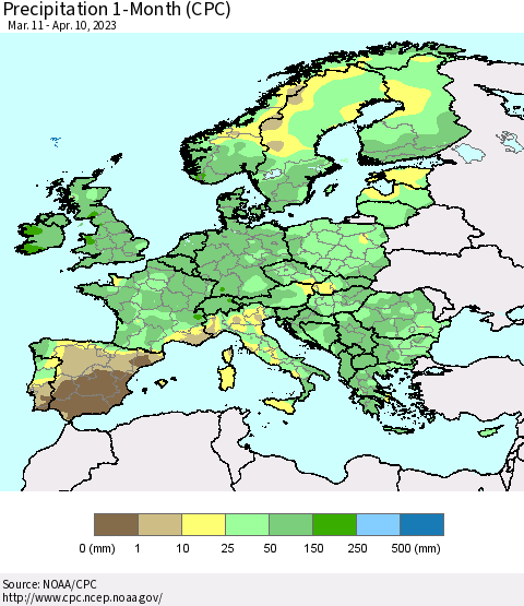 Europe Precipitation 1-Month (CPC) Thematic Map For 3/11/2023 - 4/10/2023