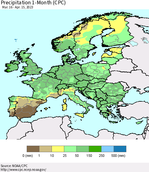 Europe Precipitation 1-Month (CPC) Thematic Map For 3/16/2023 - 4/15/2023