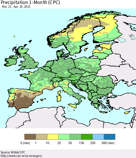 Europe Precipitation 1-Month (CPC) Thematic Map For 3/21/2023 - 4/20/2023