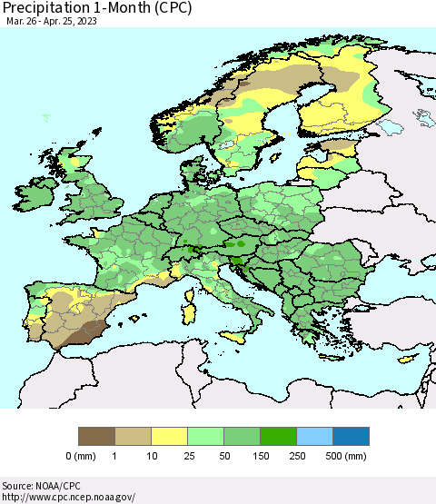Europe Precipitation 1-Month (CPC) Thematic Map For 3/26/2023 - 4/25/2023