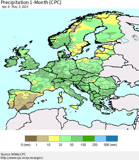 Europe Precipitation 1-Month (CPC) Thematic Map For 4/6/2023 - 5/5/2023
