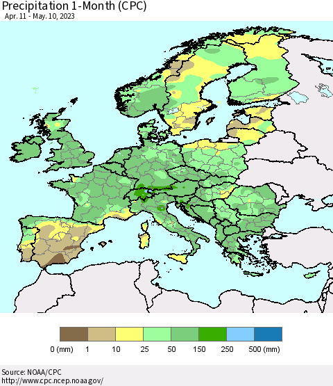 Europe Precipitation 1-Month (CPC) Thematic Map For 4/11/2023 - 5/10/2023