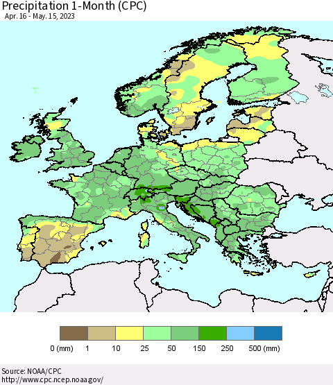 Europe Precipitation 1-Month (CPC) Thematic Map For 4/16/2023 - 5/15/2023