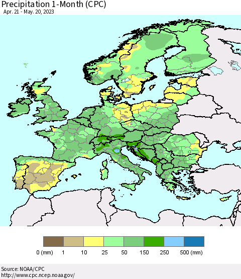 Europe Precipitation 1-Month (CPC) Thematic Map For 4/21/2023 - 5/20/2023