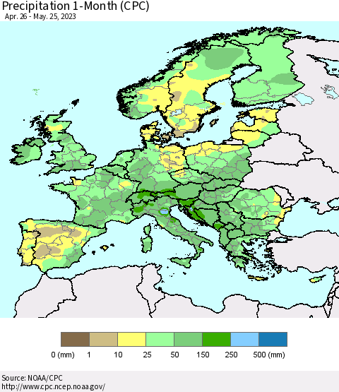 Europe Precipitation 1-Month (CPC) Thematic Map For 4/26/2023 - 5/25/2023